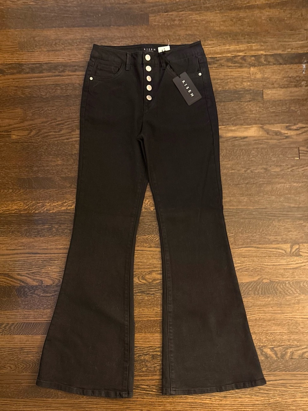 Risen High-Rise Black Flare Jeans Button Fly 7/28 NWT